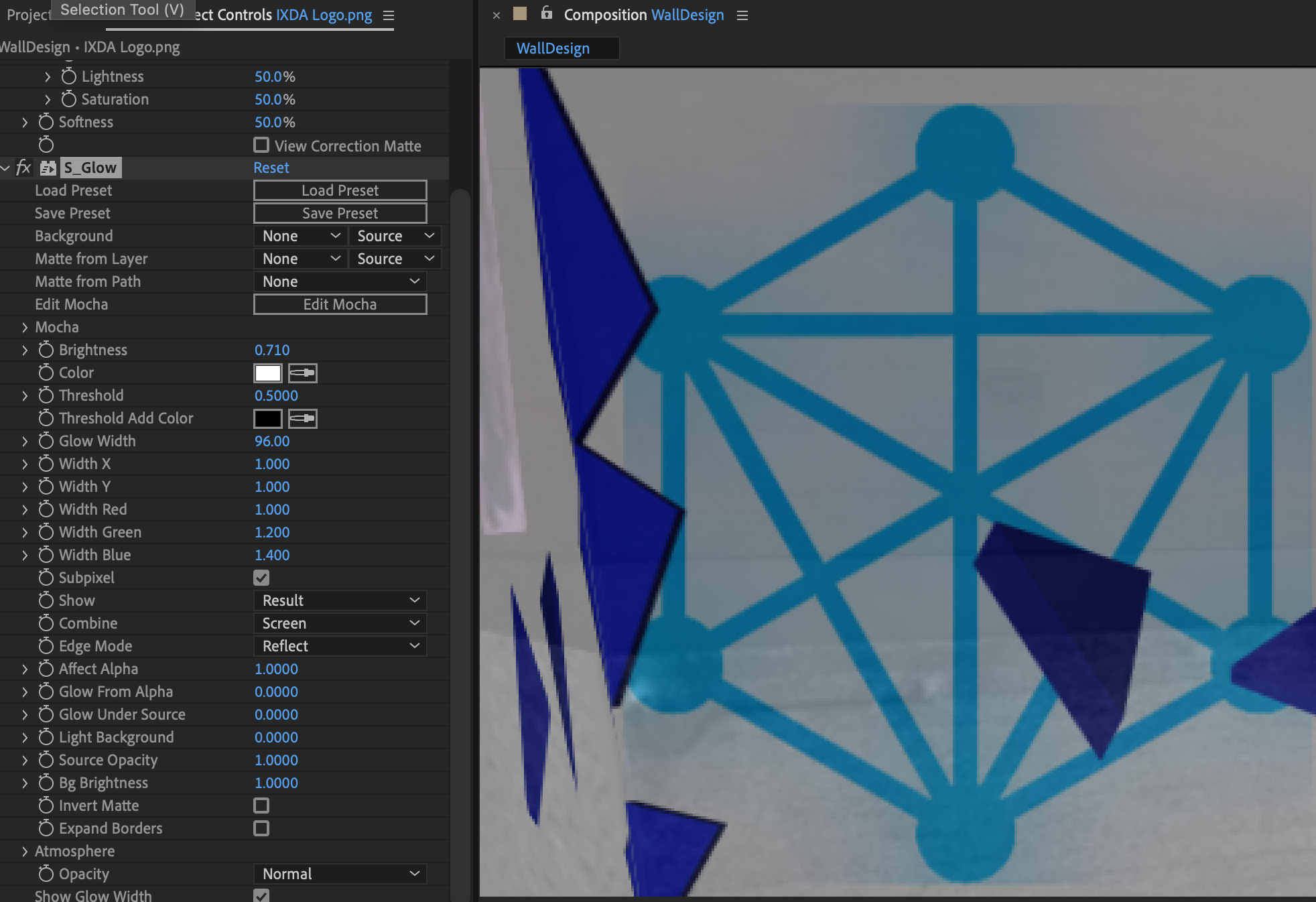 A screenshot of experimenting with S_Glow on the IXD logo in After Effects after the tutorial, based on the content learned.