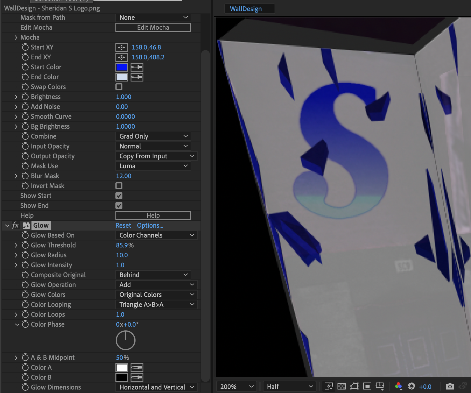 A screenshot of experimenting with S_Gradient and opacity on the Sheridan Logo in After Effects after the tutorial, based on the content learned.