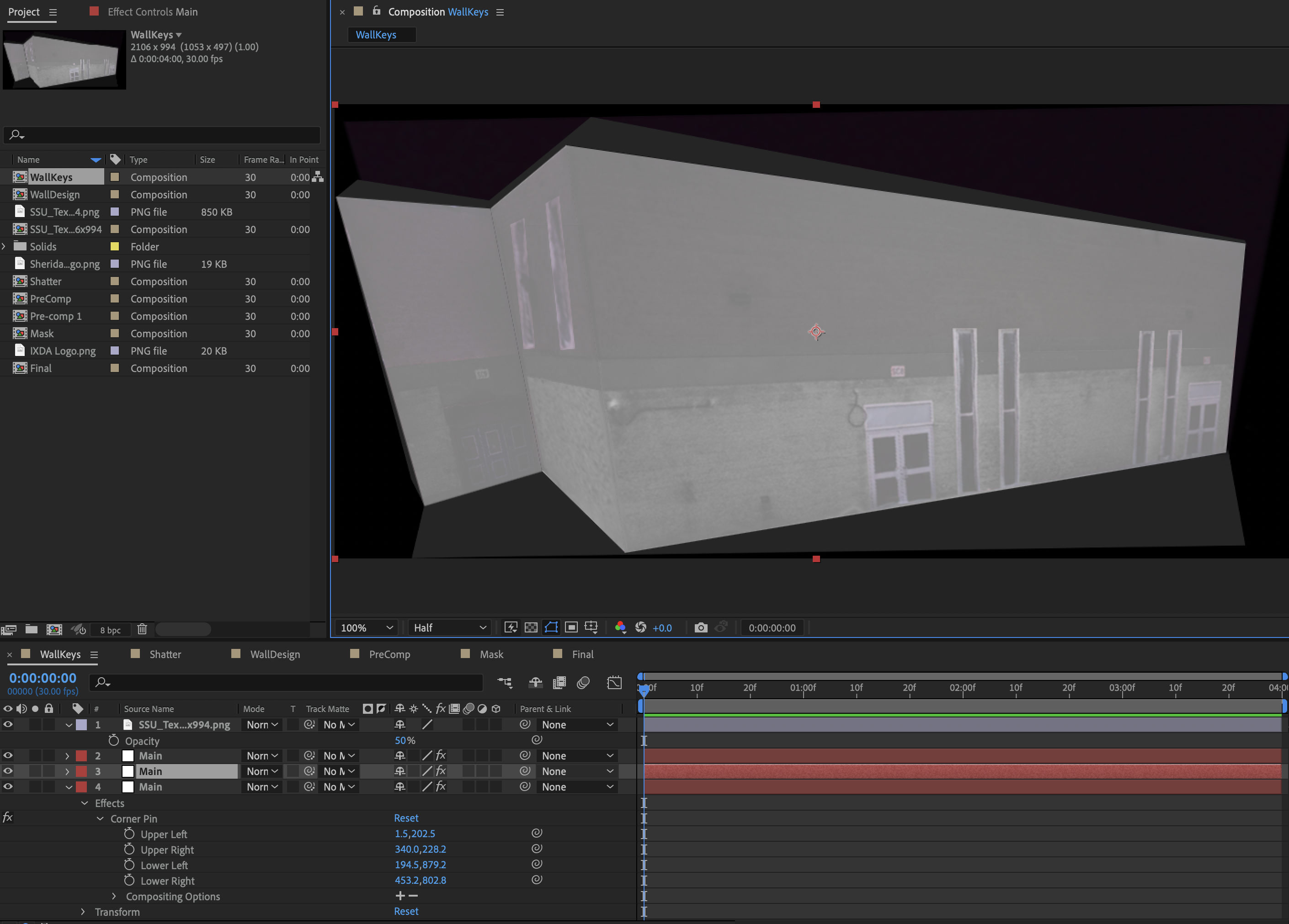 A screenshot of working with corner pinning in After Effects during the tutorial.
