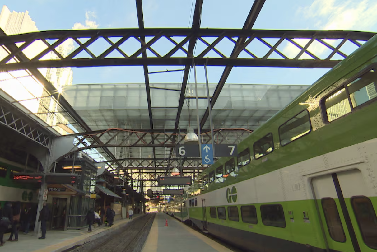 Sounds of the bathroom at Union Station, a train can be heard coming in overhead.