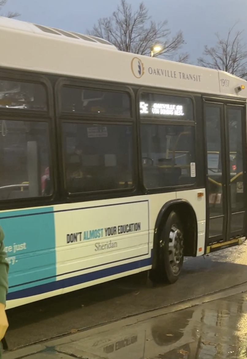 A bus leaving from the terminal at Sheridan College. The picture is screenshotted from the video the audio is from.